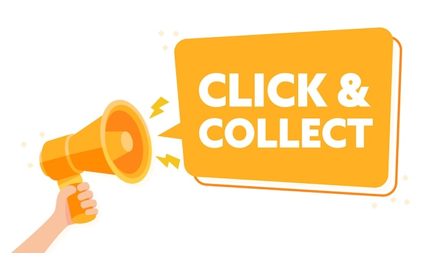 Hand Held Orange Megaphone Announcing Click Collect Service Vector Illustration