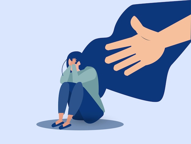 A hand helps a woman to get rid of stress A young female crying and covering her face Lonely girl needs support and care because of depression anxiety Mental health concept Vector illustration