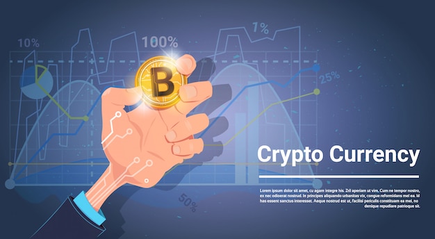 Hand hold bitcoin over charts and graphs background digital crypto currency concept