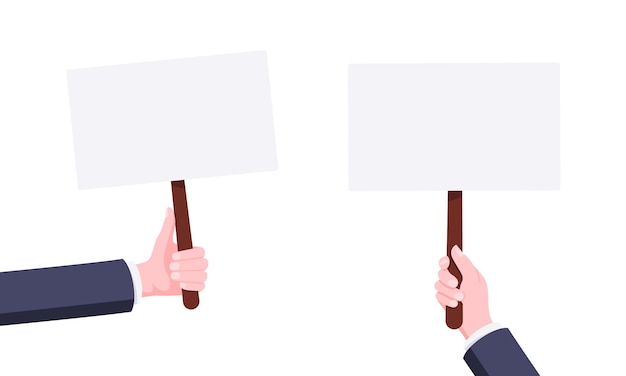 Hand hold blank protest banner plates sign business concept flat style design vector illustration