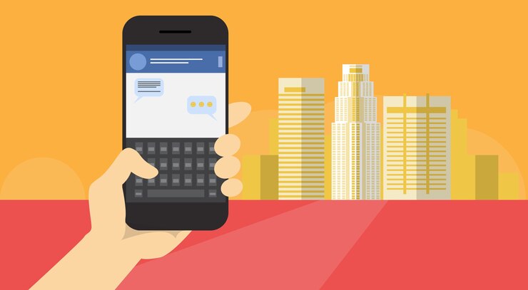 Vector hand hold cell smart phone application online message chat network communication banner flat vector 