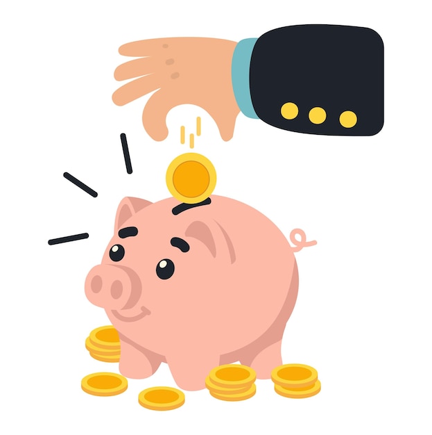 Vector hand hold coin with piggy bank money concept of growth