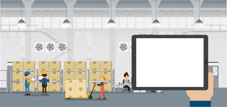 Vector hand hold empty screen tablet in warehouse with workers working flat design vector illustration