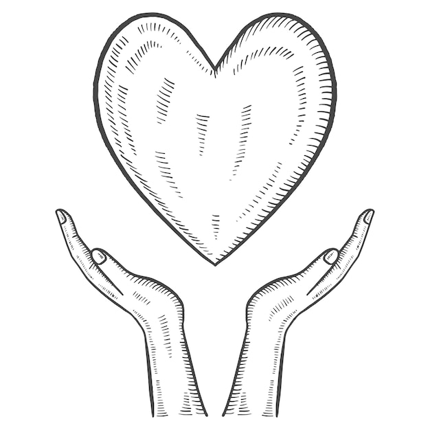 Mano tenere cuore carità umanitaria giornata internazionale isolato doodle schizzo disegnato a mano con stile contorno