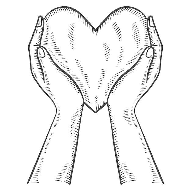 Mano tenere cuore carità umanitaria giornata internazionale isolato doodle schizzo disegnato a mano con stile contorno