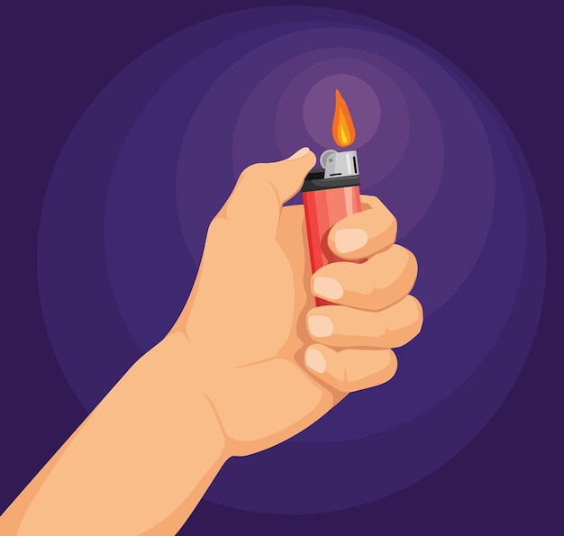 Hand hold lighter Smoker arm holding lighters for burn fire cigarette or matchstick pyromaniac man finger light smoke flame using tobacco drug isolated neat vector illustration