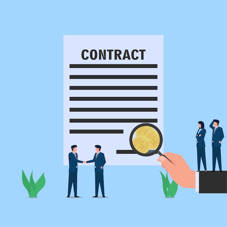 Vector hand hold magnify search signature on contract and found coin metaphor of corruption and bribery.