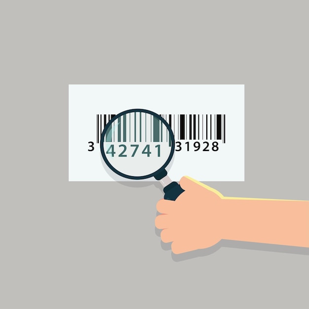 Hand hold magnifying glass with barcode product identification concept vector illustration