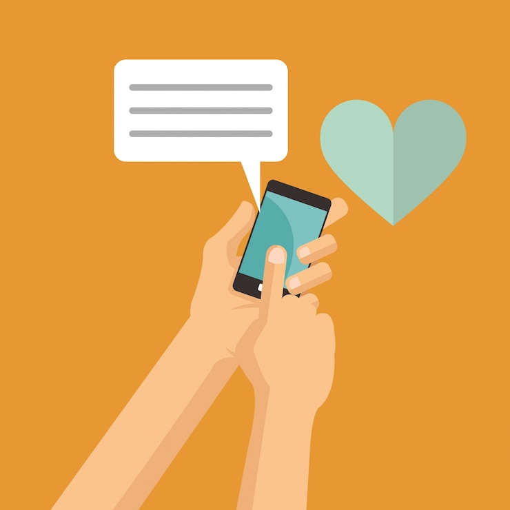 Vector hand hold mobile phone love chat message