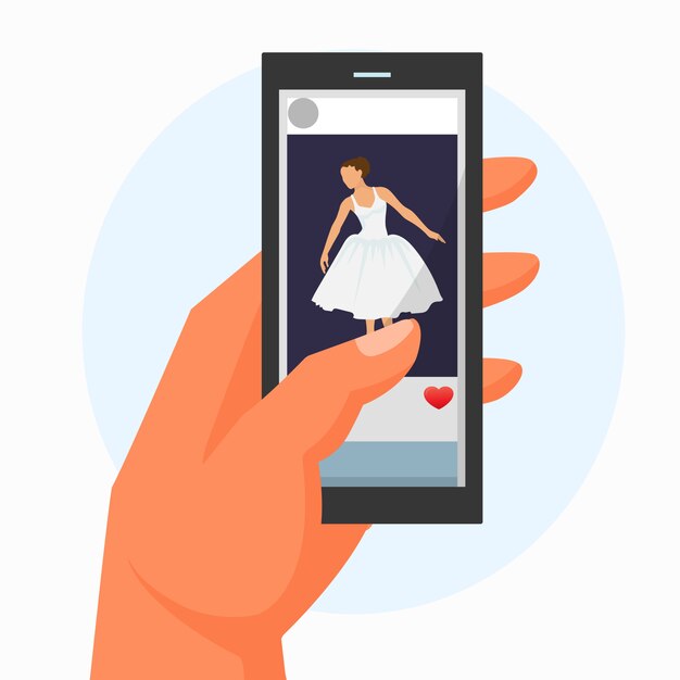 Hand hold mobile phone with video ballerina dance isolated on white, flat vector illustration. character female fashion dress.