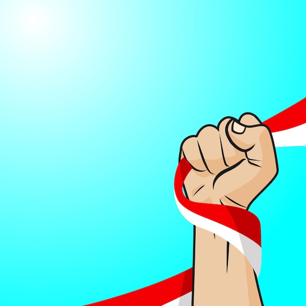 hand hold a red white flag with blue sky background