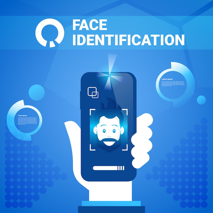 Vector hand hold smart phone face identification technology scannig man access control system biometrical recognition concept
