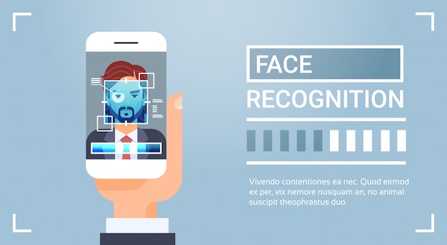 ベクトル 手持ち型スマートフォンスキャン男性虹彩顔認識技術バナーバイオメトリック識別