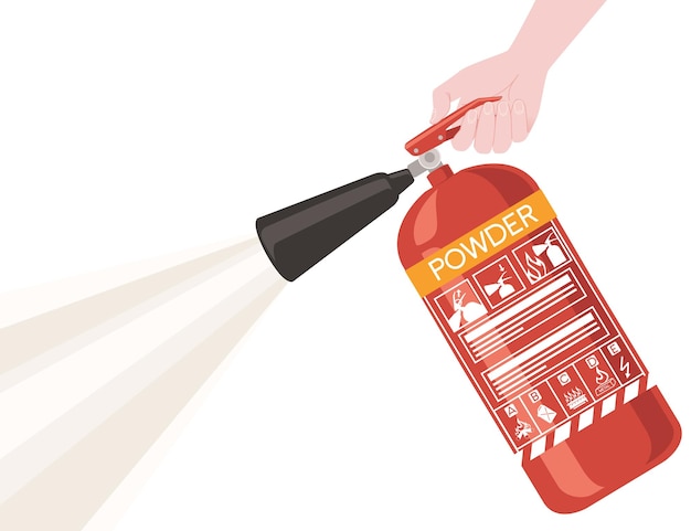 Hand hold and use powder fire extinguisher with safe labels simple tips how to use icons flat vector illustration on white background