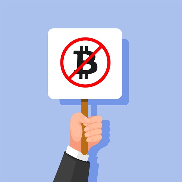 Vector hand hold warning no bitcoin symbol for protest and ban cryptocurrency cartoon illustration vector