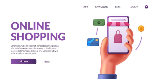 Mano che tiene in mano uno smartphone mobile carino 3d con l'e-commerce dell'app del negozio. concetto di illustrazione dello shopping online con icona 3d.