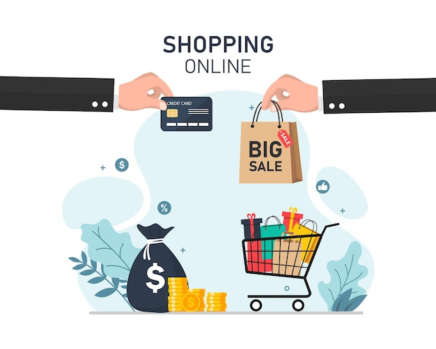 ベクトル ショッピング バッグ e コマースのコンセプトを持つクレジット カードを持っている手ショッピング オンライン ビジネス マーケティング
