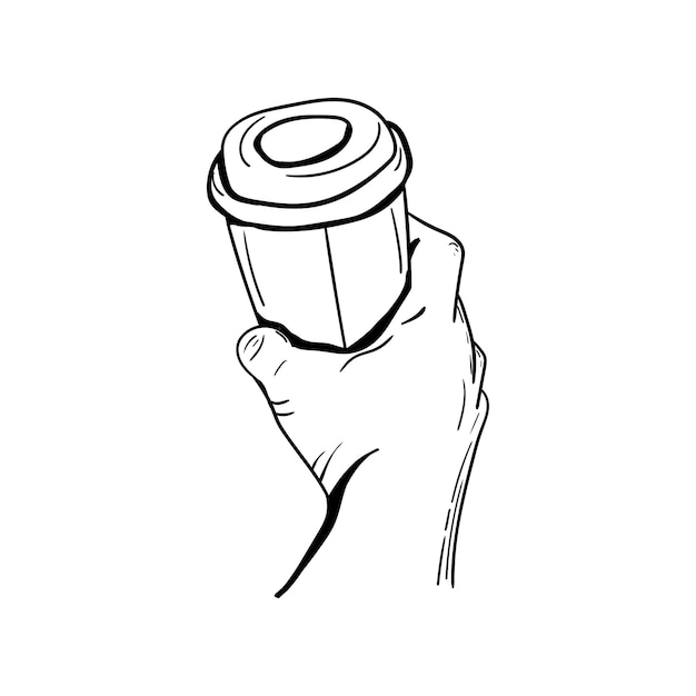 一杯のコーヒーのアイコンを持っている手 一杯のコーヒーを持っている手の手描きの線画