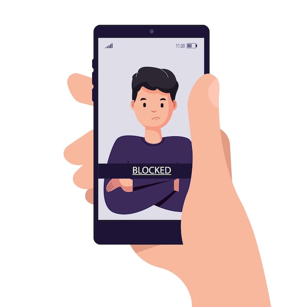 ブロックされたユーザーアカウントでスマートフォンを持っている手