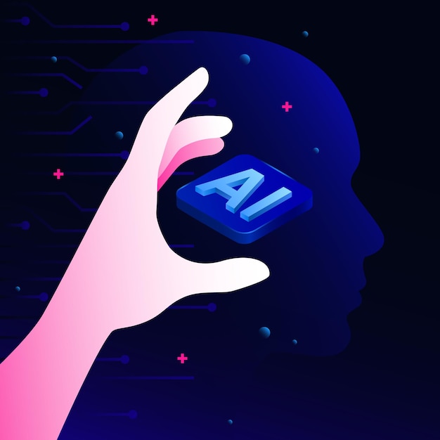 Hand holding artificial intelligence icon isometric gradient illustration