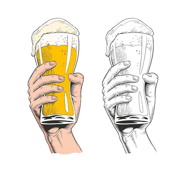 hand holding a beer glass vintage engraving style vector illustration