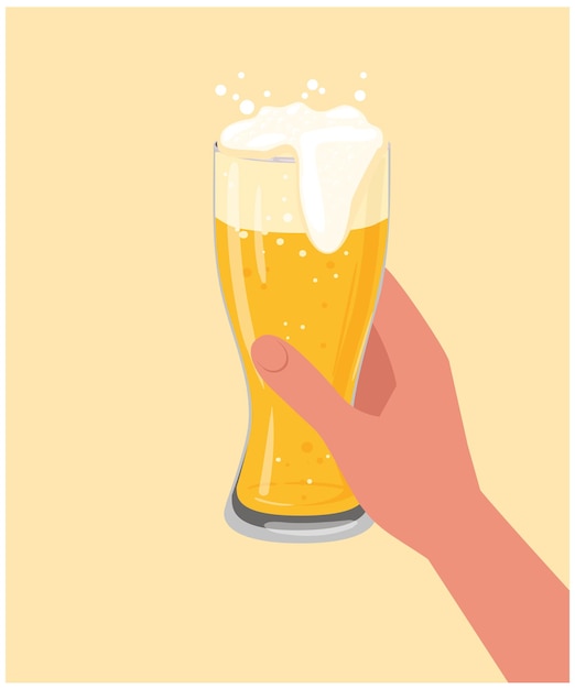 노란색 배경에 맥주 컵을 들고 있는 손