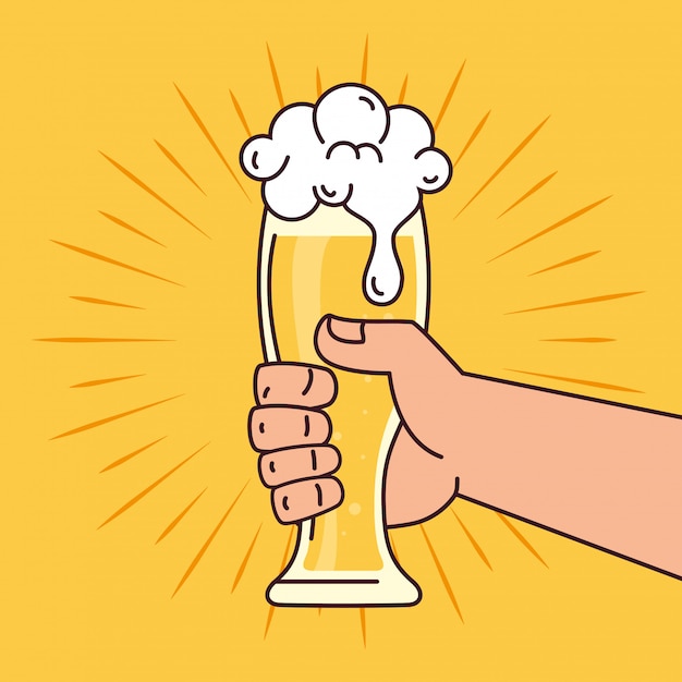 hand holding a beer glass, on yellow background