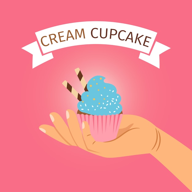 Vector hand holding blue cream cupcake