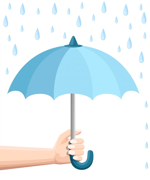 ベクトル 青い傘を持っている手。雨から傘を守ります。スタイル 。白い背景の上の図