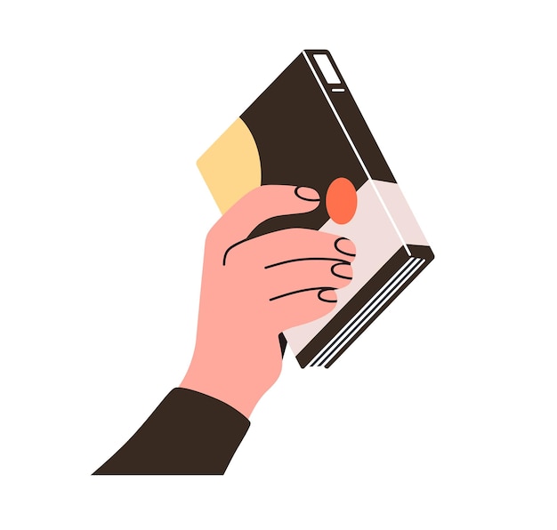 Hand holding book giving offering knowledge Recommending literature to read Student taking textbook Education study and learning concept Flat vector illustration isolated on white background