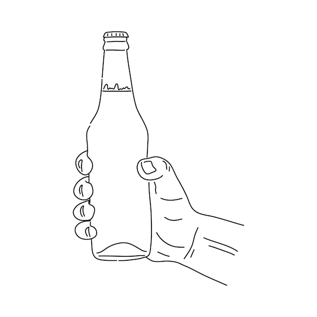 Vettore mano che tiene una bottiglia di birra illustrazione vettoriale disegnata a mano