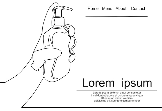 액체 비누와 손을 잡고 병. 연속 한 선 그리기입니다.