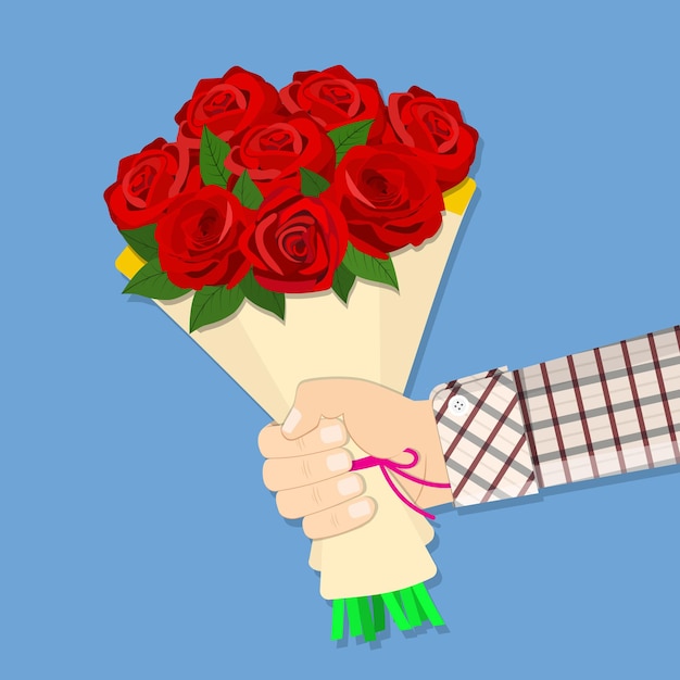 Vector hand holding bouquet rose flowers.