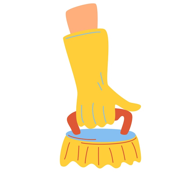 Vettore spazzola a mano per la pulizia. mano umana in guanto di gomma gialla con strumento di pulizia. servizio di pulizia, lavori domestici, igiene pulizia faccende concetto fumetto illustrazione vettoriale.