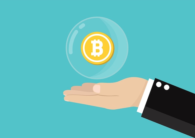 Vector hand holding bubble bitcoins.