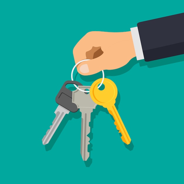 Hand holding bunch of keys. house appartment rental or sale concept.  illustration in a flat trendy style.