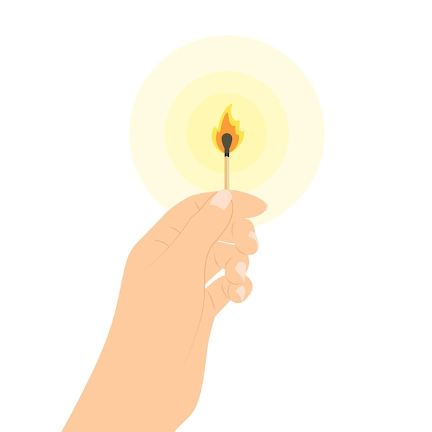 Hand holding burning match vector flat illustration