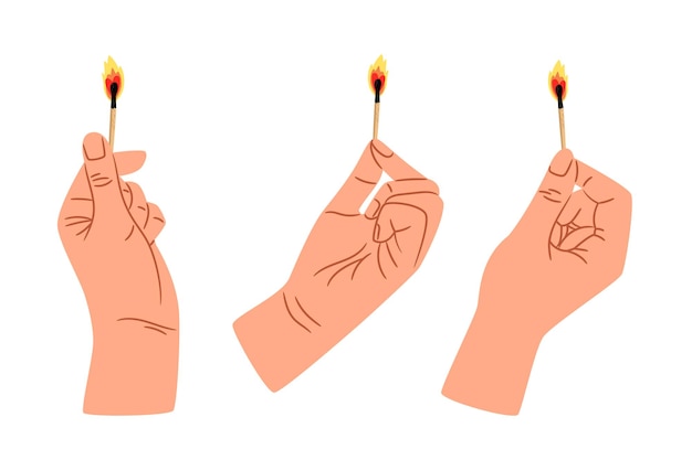 Hand holding a burning matchstick expressive gesture with match in fire flame