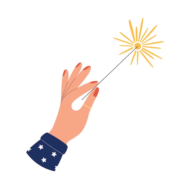 Vector hand holding burning sparkler fireworks. vector illustration in flat style