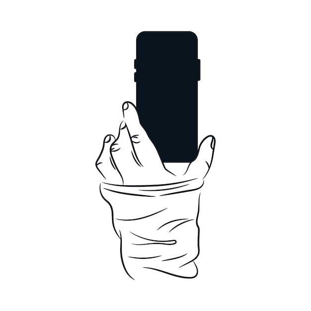 Vector hand holding a cell phone line drawing sketch vector hand drawn illustration