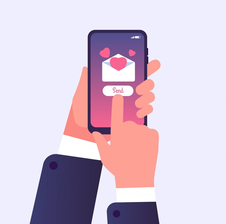 Vector hand holding cell phone with heart on screen