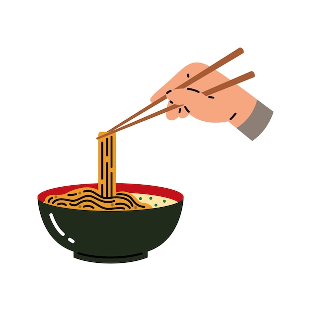 Vector hand holding chopstick with noodles flat vector illustration