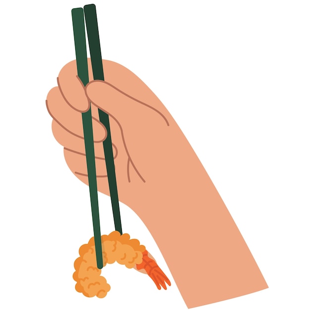 Vector hand holding a chopsticks with shrimp tempura.