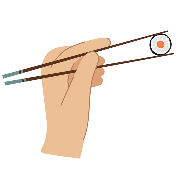 Vector hand holding a chopsticks with sushi roll.