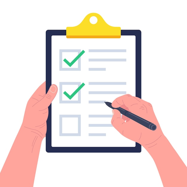 Hand holding clipboard with checklist with green check marks and pen. Concept of Survey, quiz, to-do list or agreement.  illustration.