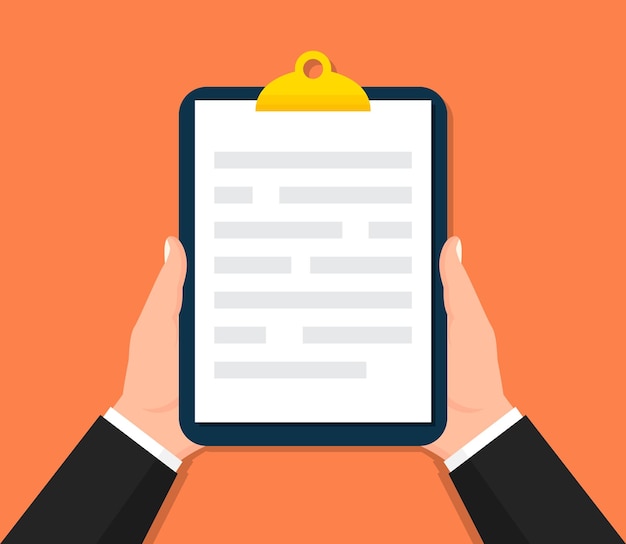 hand holding clipboard with document form in a flat design