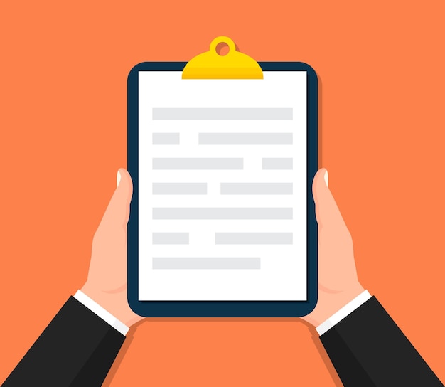 Hand holding clipboard with document form in a flat design