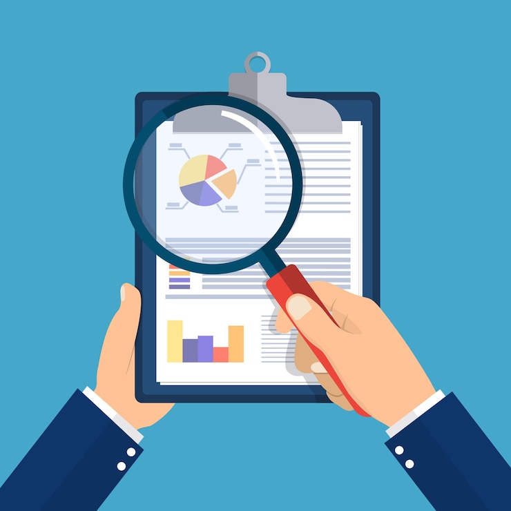 Vector hand holding clipboard with financial reports and magnifying glass.