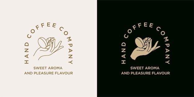 Modello dell'illustrazione di logo del chicco di caffè della tenuta della mano per la marca delle bevande del caffè della caffetteria