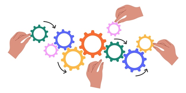 Vector a hand holding a cog automation of business processes in the team the concept of the work organization project